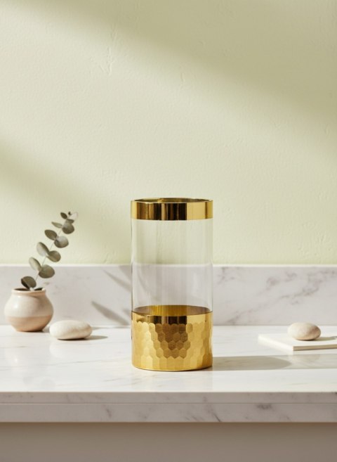Wazon szklany SERENITE 9,8x9,8x19,5 cm – Mondex, Złote Łuski, Transparentny